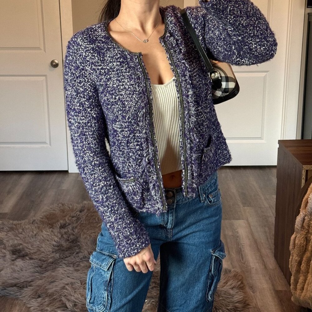 Chicos Purple Bouclé Tweed Cardigan Metallic Textured Knit Chic Coquette Size S